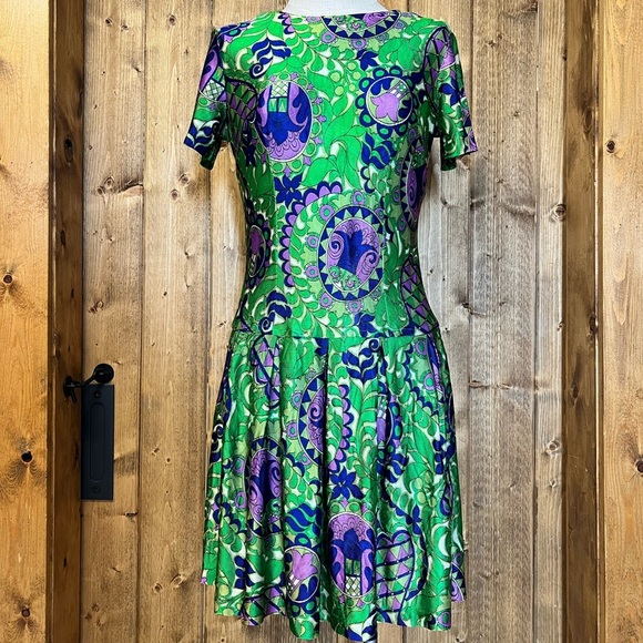 Vintage Retro Green Purple Vibrant Handmade Dress Mod 60s MCM - Picture 2 of 6